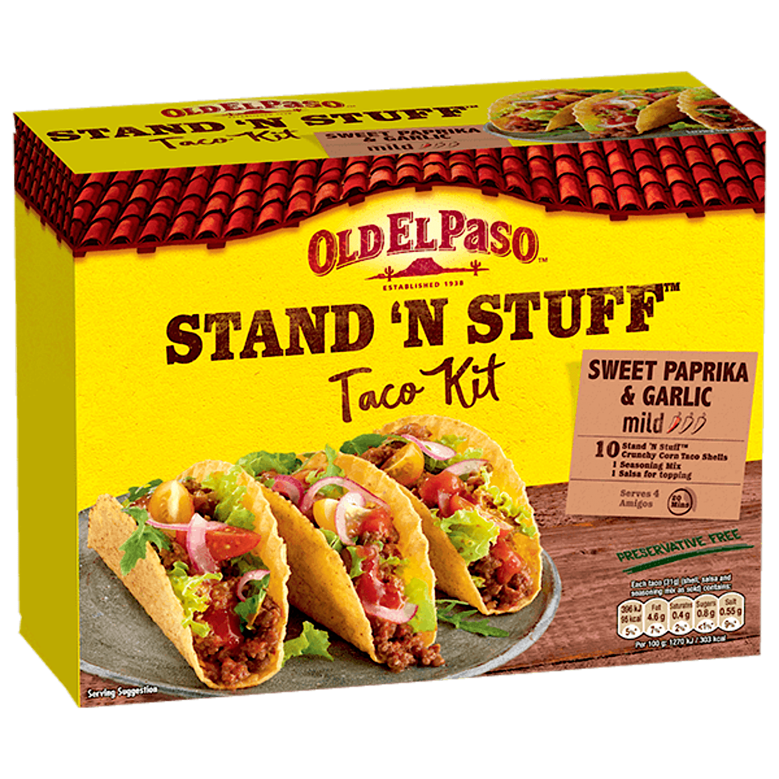 pack of Old El Paso's sweet paprika & garlic mild stand n stuff taco kit containing taco shells, seasoning mix & salsa (312g)